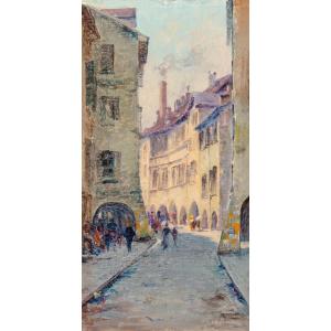 Charles Bertier (1860-1924). Annecy. Rue Sainte-claire And The Arcades.