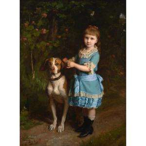 Edouard d'Avril (1843-1928). Portrait Of Mademoiselle Chatrousse In The Company Of Her Spaniel