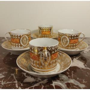 Paris, Revolution Or Empire Period - Set Of 4 Cups Litron And Saucers - Rich Gilded Decoration And Nankin Background
