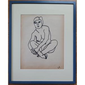 Lam Dong, Ecole De Paris - Nude Of A Seated Woman - Ink On Paper