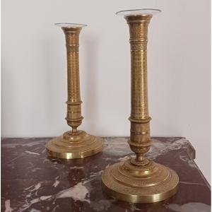 France, Restoration Period - Pair Of Candlesticks, Ormolu Bronze Torches