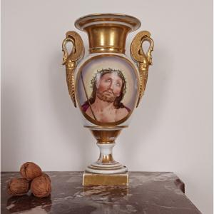 Paris, Restoration Period, Louis-philippe - Porcelain Vase - Face Of Christ, Religiosa