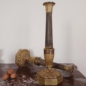 Paris, Restoration Period - Very Large Pair Of Candlesticks, Torches - Gilt Bronze, Patinated