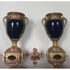 France, Napoleon III Period - Pair Of Large Mounted Vases - Gilt Bronze And Porcelain 