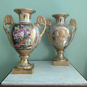 Pair Of Large Restoration Vases, In Richly Gilded And Painted Porcelain 