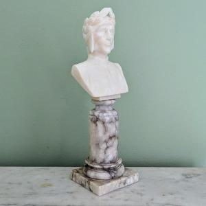 Souvenir De Grand Tour - Bust Of Dante In Alabaster On A Marble Base