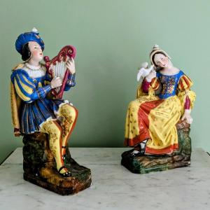 Jacob Petit - Rare Pair Of Large Troubadour Flasks - Porcelain - Restoration Period, Louis