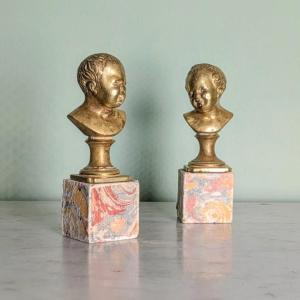 After Houdon - Laughing John And Crying John - Pair Of Small Bronze Busts