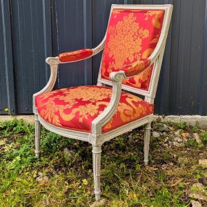 Paris, Louis XVI Period - Armchair A La Reine - Lacquered Wood, Lelièvre Silk