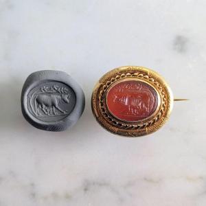 Ancient Rome, Circa 1st Century - Carnelian Intaglio - 19th Century Gold Brooch Mount