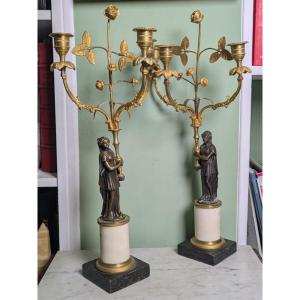 France, Circa 1800 - Pair Of Three-light Candelabra In Marble And Gilt Bronze