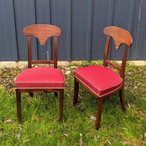 Paris, Empire Period - Pair Of Pelta-style Chairs - Mahogany And Horsehair Fabric