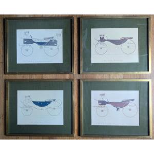 Hermès After Barouche, Circa 1980 - Set Of Four Framed Prints - Carriage Theme