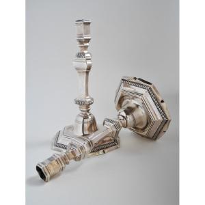 Pair Of Silver Candlesticks By Freboul, Montpellier (france), 1736-1737