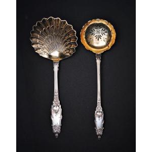 Puiforcat: Strawberry Server And Sugar Spoon, Sterling Silver, Paris, "acanthus" Model