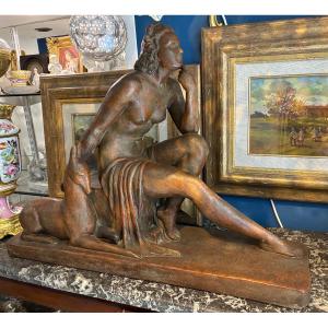 Art Deco Patinated Terracotta “woman And Doe” Signed Ugo Cipriani 20th Century