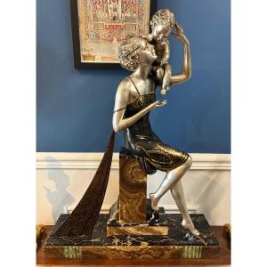 Art Deco Sculpture Regulus Patinated "woman And Child" Signed Cipriani XXth