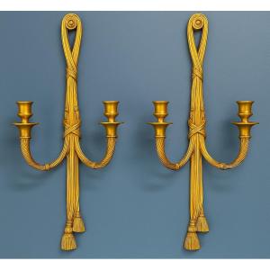 Pair Of Gilt Bronze Wall Sconces Decorated With Ribbons And Pompoms, 19th Century