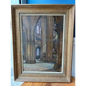 Pierre-gaston Rigaud (1874-1939) Oil On Cardboard Interior Of A Cathedral – Bourges, 1919