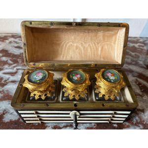19th Century Perfume Box, Bone And Leather Decoration, 3 Crystal Bottles