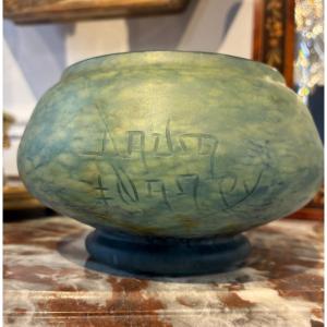 Art Nouveau Daum Nancy Round Bowl On Stem In Green And Blue Marbled Jaspered Glass