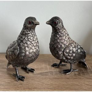 Animalier Pair Of Partridges In Solid Silver – Portuguese Work In The Style Of Luiz Ferreira 