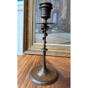 F. Barbedienne (19th Century) Candlestick With A Serpent, Patinated Bronze