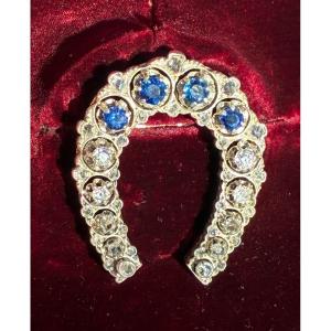 Antique 18k Gold Horseshoe Brooch, Diamonds And Sapphires - Belle époque