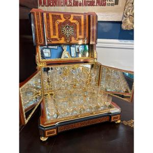 Large Ep Napoléon III Liqueur Cellar, Mirror Marquetry, Baccarat Crystal, 6 Decanters, 30 Glasses