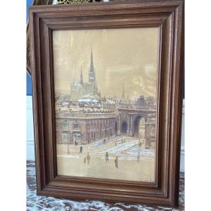 Louis Hestaux (1858-1919) - Animated View Of Paris Under The Snow, Watercolor And Charcoal