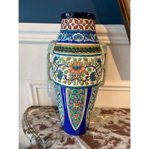 Vase In Longwy Earthenware With Cloisonné Decoration And Elephant Handles - Art Deco, Circa 1920