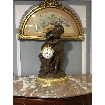 Pendulum Terracotta Putti Louis Sauvageau XIX Signed Bronze 58cm Balthazard