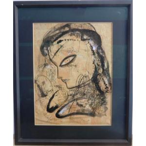 Jamali Born In 1944 "vixen" Pigment Painting On Cork Framed 66 X 50 Cm