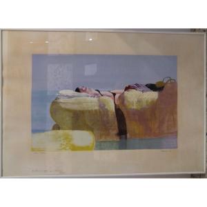 Leonardo Cremonini "woman At The Sea On The Rocks", 1984 Color Lithograph Signed 70x100 
