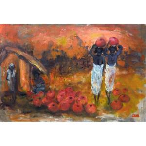 Chan (1929-2021) Painter From Madagascar "pottery Women", Around 1990 Oil On Canvas 81 X 120 Cm