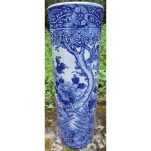Large Blue And White Ceramic Roller Vase Naturalist Decor Asian Style Height: 62 Cm