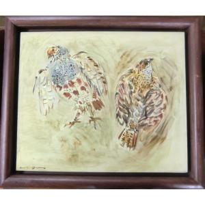 Masson André (1896-1987) "perdrix", 1952 Oil On Wood Signed And Framed 46 X 55 Cm.