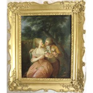 De Carbon Louise, 19th Century Period "scène Galante", 1848 Oil Cardboard Signed Framed 40 X 32 Cm