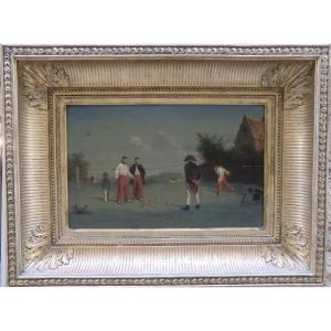 Pezoux Jean (1815-1885) "soldiers Playing Skittles", 1858 Oil On Wood, Signed 22 X 35 Cm