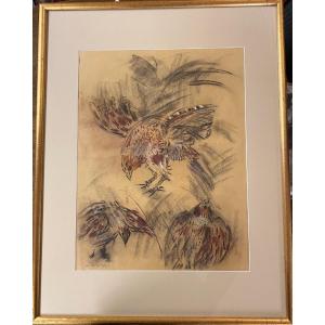 André Masson (1896-1987) "partridge Flight" 1952 Pastel On Ochre Paper, Signed 63 X 48.5 Cm