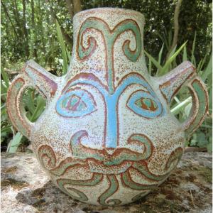 Accolay Pottery "large Vase With Handles" Glazed Earthenware 1960s Maya Collection H: 36 Cm