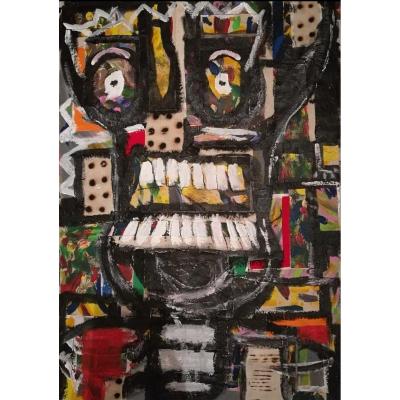 AMBI née en 1978 "Blues", 2017 Brûlures Technique mixte  sur papier végétal Madagascar 100 x 70 cm