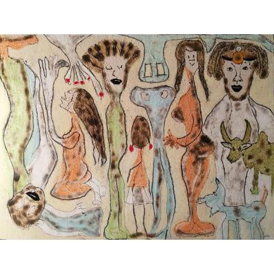 AMBI née en 1978 "Fratrie", 2017 Brûlures Pastels sur papier végétal Madagascar 60 x 80 cm