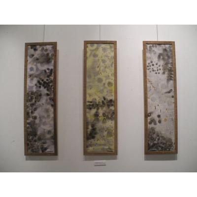 AMBI, née en 1978 " Métamérie ", 2002 Triptyque Brûlures et pochoir sur tissus Madagascar 115x30 cm