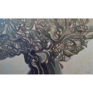 Henry Le Chénier (1937-2014) "Olivier sur fond bleu", 1975 Huile sur toile 75 x 120 cm