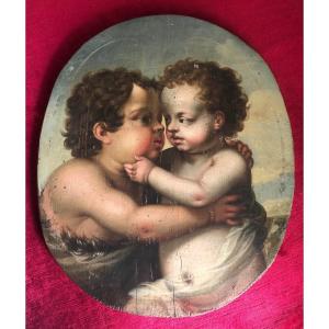 Oil On Wood In Oval Shape "entwined Putti"