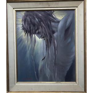 Oil On Canvas "face Of Christ In Profile" Jd Van Caulaert 1936