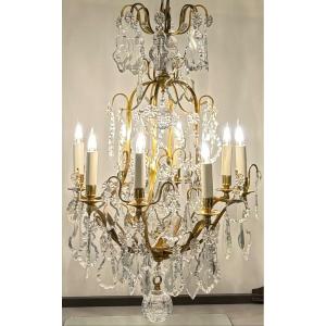 Cage Chandelier In Gilded Bronze And Crystals France 20th Century