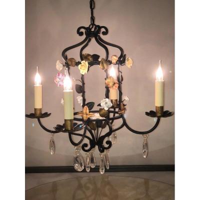 Wrought Iron Chandelier And Porcelain Flowers