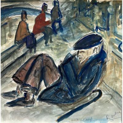 Watercolor "siesta Sous Le Pont Neuf" Roland Dubuc